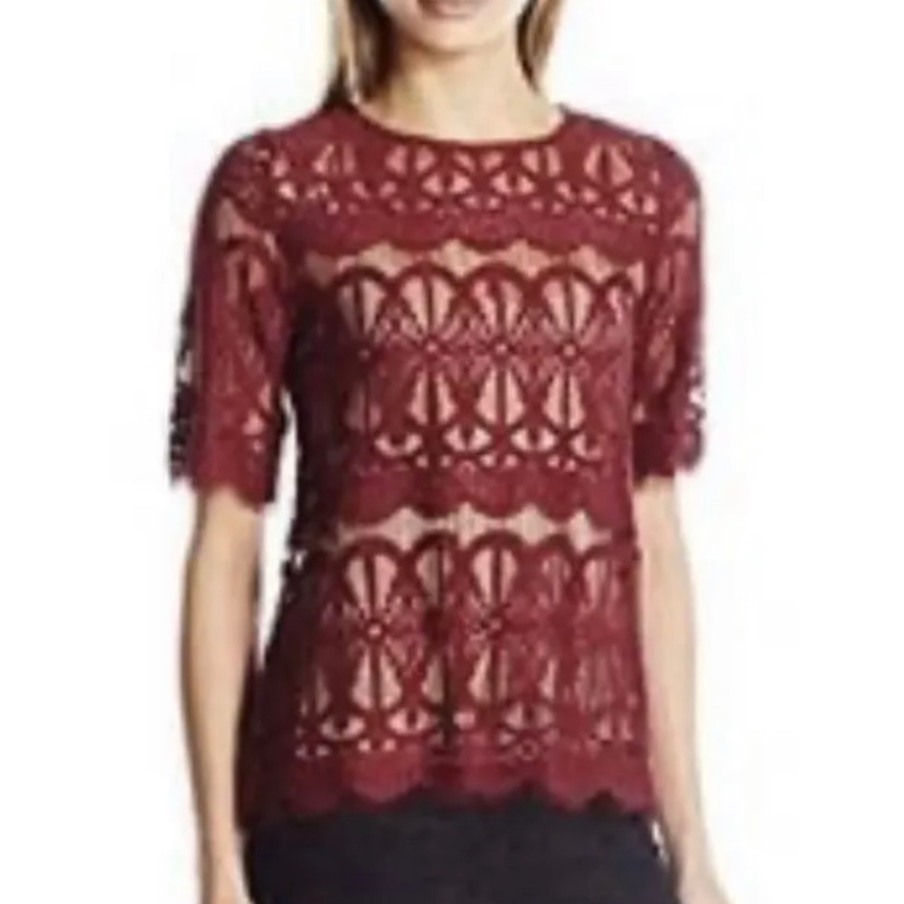 BCBGeneration Red Wine Burgundy Lace Blouse Shirt Top See Thru